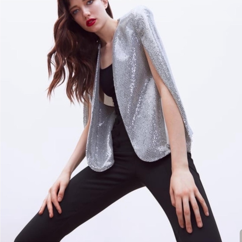 Zara Cape Puncho Blazer Jacket Silver Metallic Sequin NEW - Picture 8 of 13